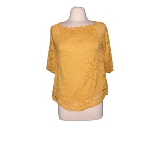 Blogger Love S Lace Bkouse Top 3/4 Sleeve Mustard Yellow Gold Ruched Nec…